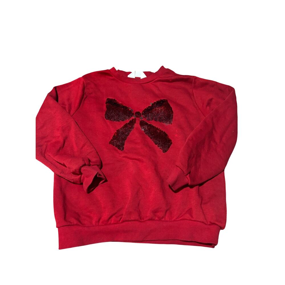 H&M 9/10 red sweatshirt red sequin bow flips to silver fleece lined euc